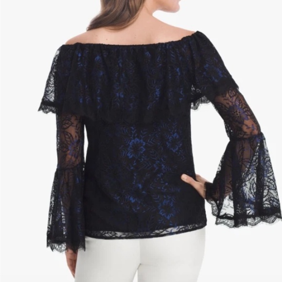 White House Black Market Navy Blue Black Lace Bell Sleeve Off The Shoulder Top - Picture 2 of 12
